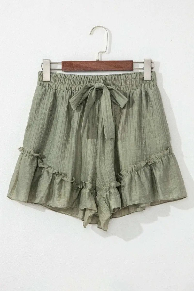 Laurel Green Ruffle Hem Tie-Waist Shorts with Textured Fabric - Love Salve